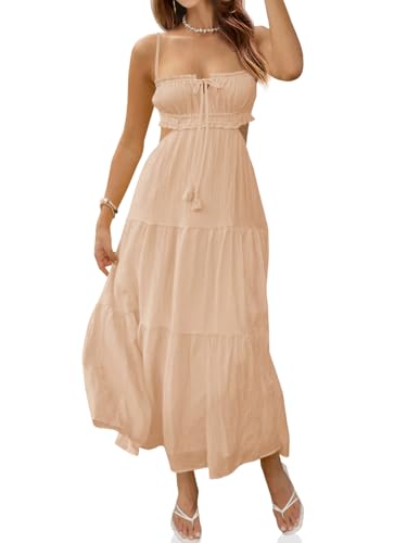 Fisoew Women's Spaghetti Strap Maxi Dress Summer Sleeveless Side Cut Out Dress Casual Boho Backless Flowy Long Dresses