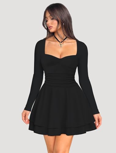 IWD Women's Square Neck Long Sleeve Mini Dress Ruched Corset Waist Tiered Ruffle Hem A Line Short Party Dresses