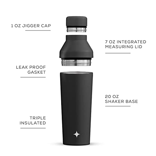 JoyJolt Triple Insulated Cocktail/Protein Shaker Bottle. 20oz Shaker Cup with Alcohol Measure Lid and Jigger Cap. 12hr Ice...