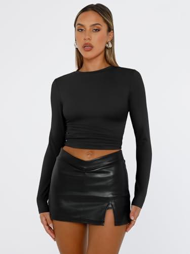 Trendy Queen Womens Long Sleeve T Shirts Fall Fashion 2025 Basic Crop Tops Going Out Outfits Y2k Clothes