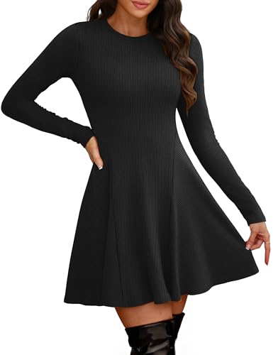 OFEEFAN Sweater Dress for Women Fall 2025 Long Sleeve Crew Neck Ribbed Knit Fit and Flare A-Line Dresses