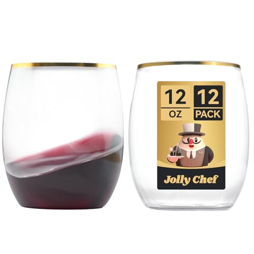 JOLLY CHEF 12 Pack 12oz Gold Plastic Wine Glasses Stemless, Gold Disposable Wine Cups, Premium Quality, Unbreakable, Dispo...