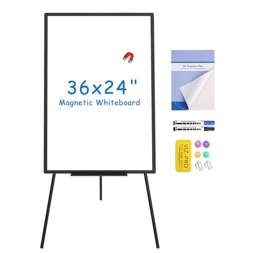 VIZ-PRO Magnetic Whiteboard Easel Black, 36 x 24 Inches, Portable Dry Erase Board Height Adjustable for School Office and ...