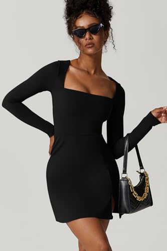 QINSEN Womens Square Neck Bodice Dress Long Sleeve Side Slit Flare Mini Dresses