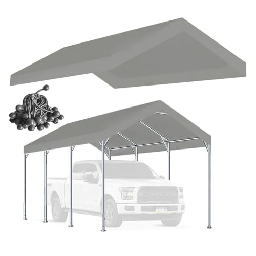 Rutile 10 x 20 FT Carport Replacement Cover, Heavy Duty Car Tarp Canopy Tent Replacement Top w/Ball Bungees Gray (Only Top...