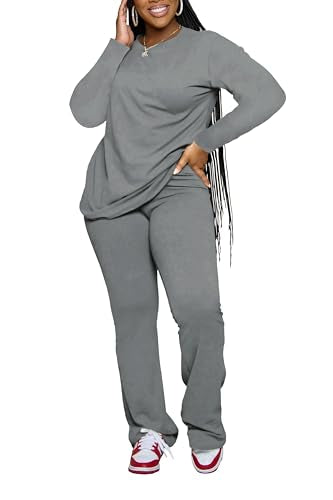 PINSV Womens 2 Piece Outfits Casual Sets Long Sleeve Top and Flare Pants Lounge Sets Tracksuit