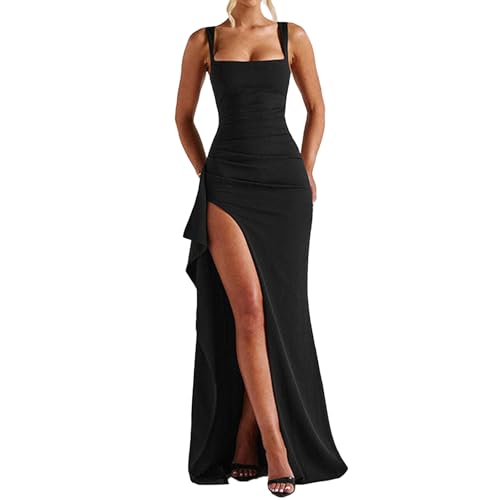 ABYOVRT Women Formal Dresses Sleeveless Bodycon Ruched High Slit Sexy Maxi Dress Cocktail Prom