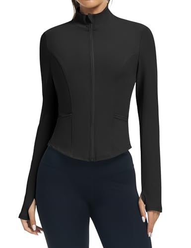 LOMON Women's Athletic Jackets Cropped Long Sleeve Workout Tops Yoga Zip Up Jackets Gym Tops Golf Shirts
