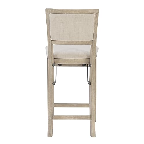 Linon Keira Natural Rustic Wooden Folding Counter Stool with Beige Upholstered Seat and Back