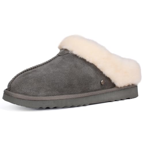 Parfeying Women‘s Real Wool Slippers in Genuine Leather with Anti-Slip Rubber Sole, Warm Indoor Outdoor Shoes with Memory ...