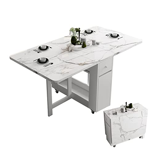 FUNROLUX Folding Dining Table with Rack and 2 Storage Drawers, Movable Extendable Space Saving Kitchen Table in 3 Forms (W...