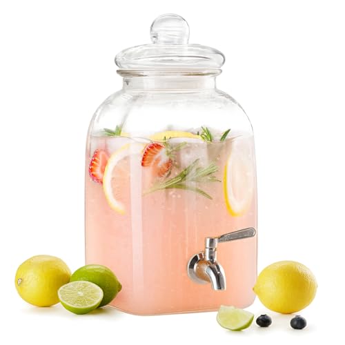 Kook Glass Drink Dispenser, with Leak-Proof Stainless Steel Spigot and Customizable Label Tag, Clear Mason Jar, Beverage S...