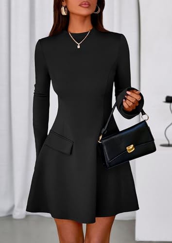 PRETTYGARDEN Women's Elegant Holiday Short Dress 2026 Fall Bell Long Sleeve Mock Neck Work Business Casual Party Mini Dress