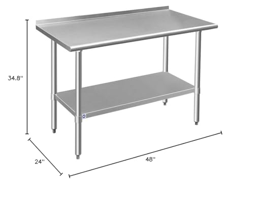 ROCKPOINT Stainless Steel Table for Prep & Work with Backsplash 24x48 Inches, NSF Metal Commercial Kitchen Heavy Duty Table with Adjustable Under Shelf and Table Foot for Restaurant, Home and Hotel