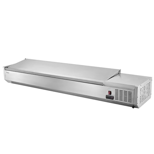 VEVOR Refrigerated Condiment Prep Station, 140 W Countertop Refrigerated Condiment Station, with Five 1/3 Pans & Four 1/6 Pans, 304 Stainless Body and PC Lid, Sandwich Prep Table with Stainless Guard