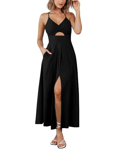 BTFBM Women 2026 Spaghetti Strap Midi Summer Dresses Sleeveless V Neck Cutout Slit Casual Beach Party Maxi Dress Pockets