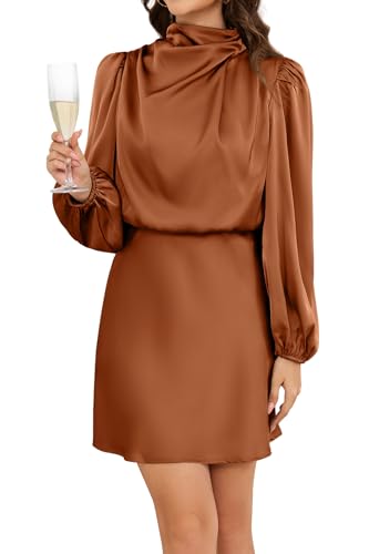 ZTMZA Women's 2025 Fall Long Sleeve Satin Short Dress Elegant Mock Neck Formal Wedding Guest Cocktail Party Mini Dresses