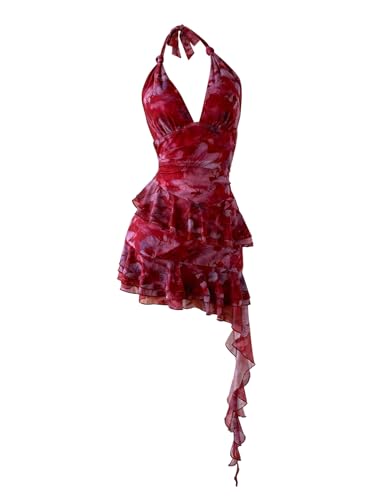 Verdusa Women's Y2k Mesh Mini Dress Floral Halter Backless Fairy Dress Ruffle Going Out Dress Wedding Guest Dress
