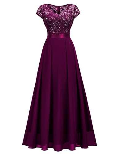 Miusol Women's Elegant V-Neck Cap Sleeve Sequined Floral Lace Formal Party Maxi Dress