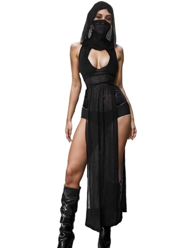 Aucute Women Goth Sheer Dress, Mock Neck Sleeveless Rave High Slit Dress with Hooded, EDM Music Festival Outfits