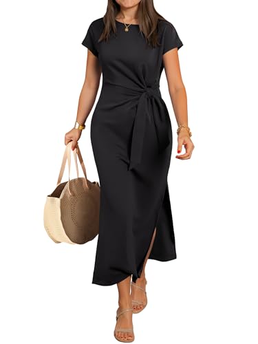 ANRABESS Womens Summer Maxi Dress Casual Crew Neck Tie Waist Split Wrinkle-Free Fit Long Fashion Vacation Dresses 2026 Spring