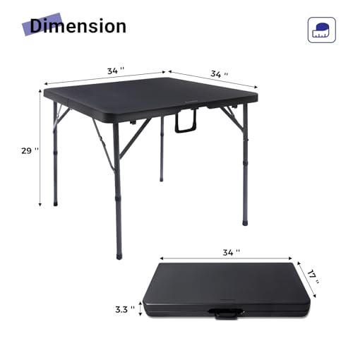 Byliable 34" Square Folding Card Table, Fold-in-Half Utility Dining Portable Table Heavy Duty HDPE Plastic Foldable with C...