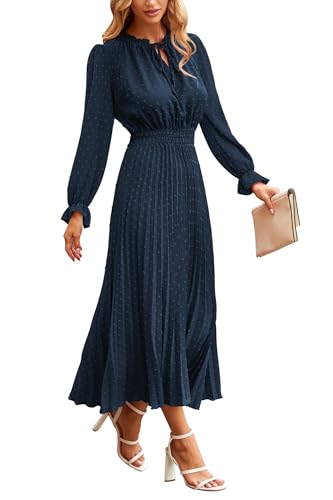 PRETTYGARDEN Women's 2026 Spring Fall Midi Dress Casual Long Sleeve V Neck Swiss Dot Pleated A Line Flowy Dresses