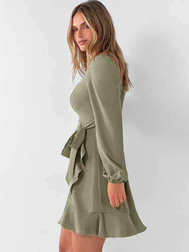 ANRABESS Womens Dress Long Sleeve Square Neck Tie Waist Ruffle Hem Short Cocktail Wedding Guest Fall Party Club Mini Dresses