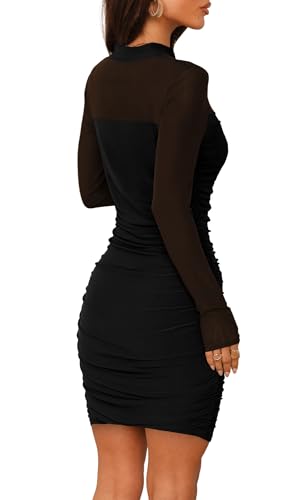 WIHOLL Women's Mesh Sheer Long Sleeve Ruched Mini Dress Sexy Bodycon Mock Neck Cocktail Party Club Dresses 2025