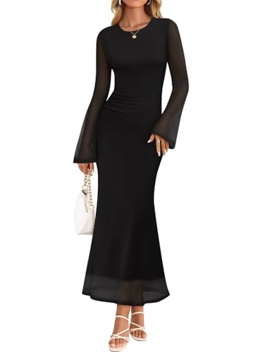 ZESICA Women's Long Sleeve Floral Bodycon Dress 2026 Spring Fall Ruched Mesh Wedding Guest Cocktail Party Maxi Dresses