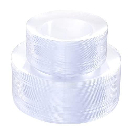 PULOTE 100Pieces Clear Plastic Plates - Premium Heavyweight Plastic Clear Plates Disposable for Wedding&Party Include 50 C...