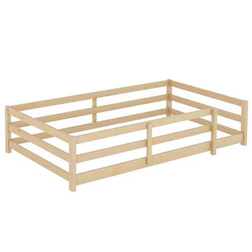 OYN Twin Floor Bed, Montessori Bed Frame with High Fence, Pine Wood Montessori Floor Bed for Kids, Girls, Boys, Natural