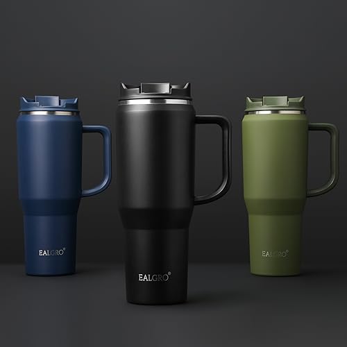 EALGRO 40 oz Tumbler with Handle, Insulated Tumblers with Lid and Straw, Large Metal Sports Water Bottle Jug, Thermal Stai...