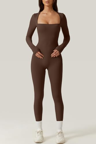 QINSEN Womens Sexy Square Neck Long Sleeve Full Length Leggings Bodycon Stretch Jumpsuit