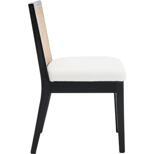 DAYALANE Rattan Dining Chairs Set of 4, Farmhouse Boucle Kitchen Chairs with Cane Back, Upholstered Sherpa Dining Room Chairs Comfy Side Wood Chair for Living Room/Restaurant, Black Sherpa