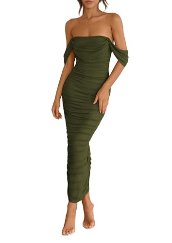 PRETTYGARDEN Womens 2026 Summer Off The Shoulder Dress Ruched Bodycon Sleeveless Split Cocktail Party Maxi Dresses