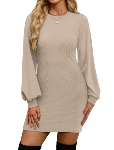 OFEEFAN Sweater Dresses for Women 2025 Fall Winter Puff Long Sleeve Crewneck Bodycon Fleece Ribbed Pullover Fashion Clothing