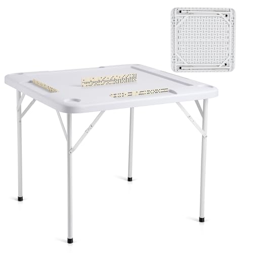VEVOR Mahjong Table, Square 4 Player Folding Card Table with 4 Cup Holders & 4 Chip Trays, Portable Domino Game Table with 1 Set of Dominoes for Mahjong Poke Puzzles, 35.4 x 35.4-inch, Black