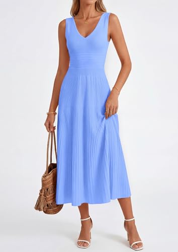 PRETTYGARDEN Women's Summer Casual Dresses 2026 Spring Sleeveless V Neck Midi Business Work A Line Pleated Cocktail Dress
