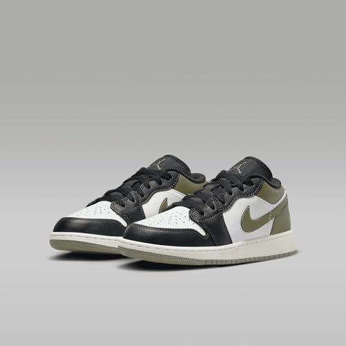 Air Jordan 1 Low Black Toe Medium Olive Grade School Lifestyle Shoes (Black/Medium Olive/White)
