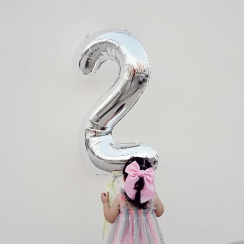 Silver 2 Balloon, Number Balloons 40 Inch, 2nd Balloon Number Birthday Decorations, Two Second Birthday Party Supplies, Nu...