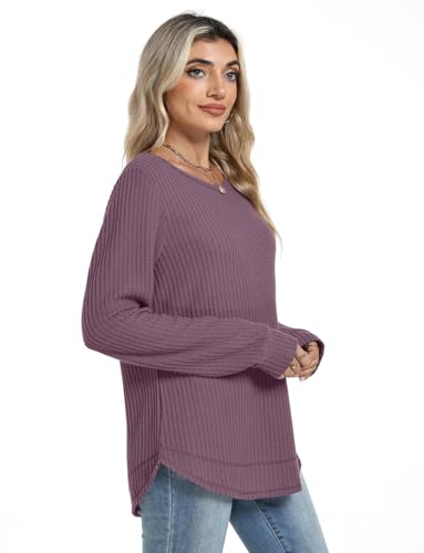 WIHOLL Tunic Tops for Women Loose Fit Dressy Waffle Knit Long Sleeve Shirts Trendy Fall Fashion Crewneck Sweaters Curved Hem
