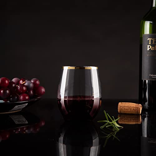 SUT 32 Pack 12oz Gold Rimmed Plastic Wine Glasses Stemless, Disposable Wine Cups with Premium Quality, Reusable, Unbreakab...