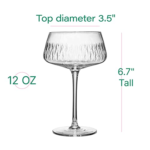 Vintage Flamingo Belle Coupe Glasses for Cocktails and Champagne | Set of 4 | 12 oz Crystal Retro Style Stemmed Saucers fo...
