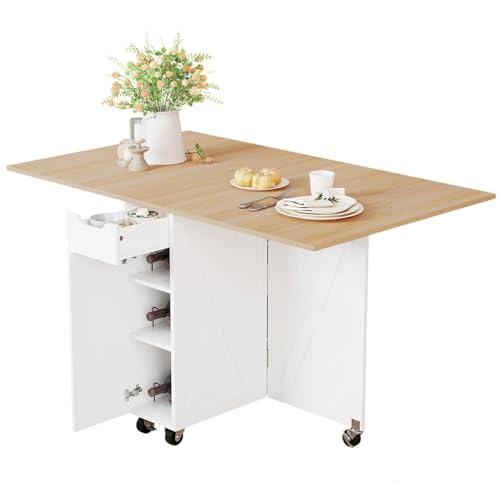 BHAODEAL Folding Dining Table with 6 Wheels, Drop Leaf Tables for Small Spaces, Foldable Dining Table with 2-Layer Storage...