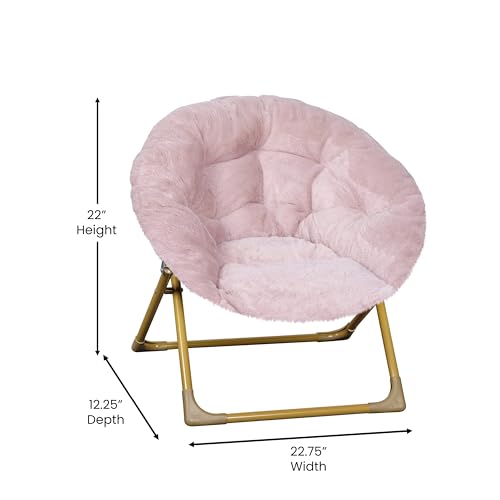 Flash Furniture Gwen Kids Cozy Mini Folding Saucer Chair - Blush Faux Fur Moon Chair - Soft Gold Metal Frame - 23" Portabl...
