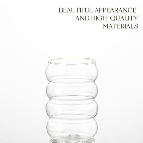 KEMORELA 2PCS Wave Bubble Beverage Glasses With Straws, 16 Oz Vintage Glass Cups, Aesthetic Iced Coffee Glasses, Ripple Gl...