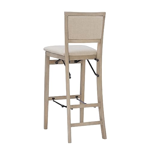 Linon Keira Natural Rustic Wooden Folding Barstool with Beige Upholstered Seat and Back