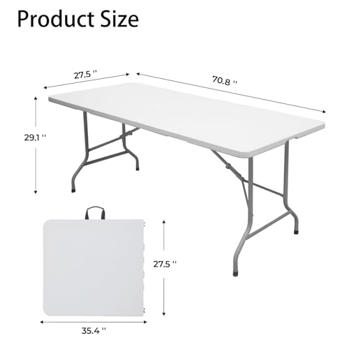 ANJONG ANJ 6FT Dining Table, Foldable Plastic Utility Table, Indoor Outdoor Camping, Picnics and Parties, White, Load Capa...