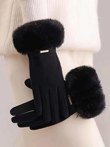 Women's Thick Windproof Touch Screen Gloves With Plush Cuffs For Warmth, Outdoor Cycling Sports Wear, Autumn And Winter style